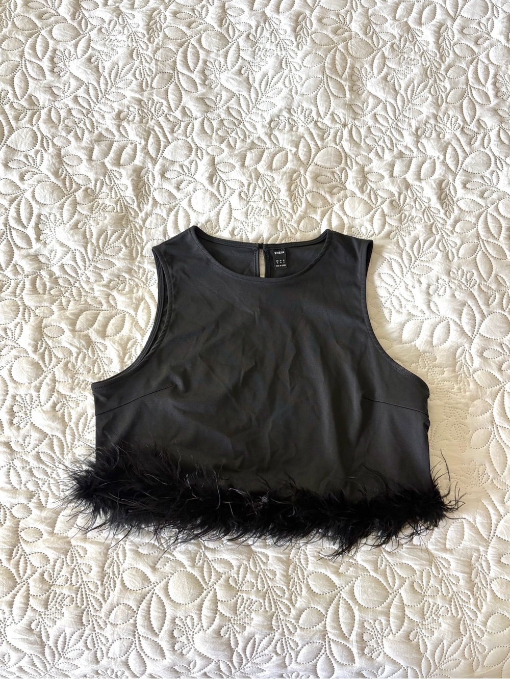 SHEIN Black Feather Trim Crop Top Y2K Party Going Out Tank XL